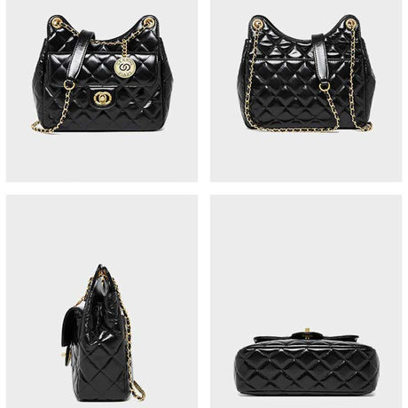Black quilted handbag with gold chain and hardware 