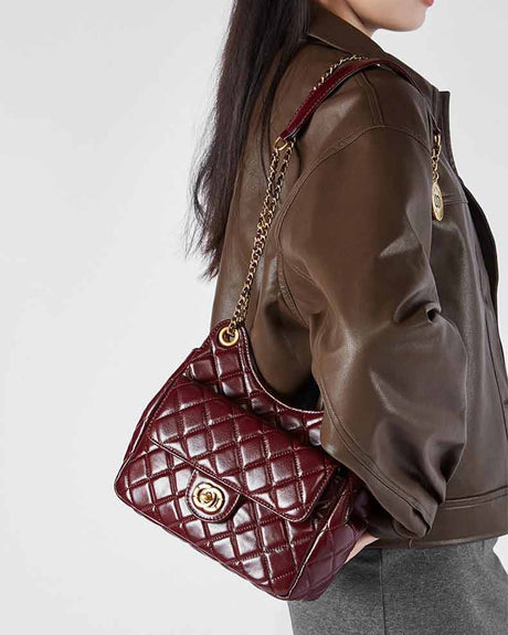 women Burgundy Quilted Chain Bag  shoulder Bag