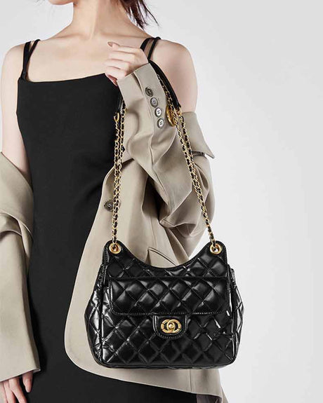 women Black Quilted Chain Bag Hobo Shoulder Bag