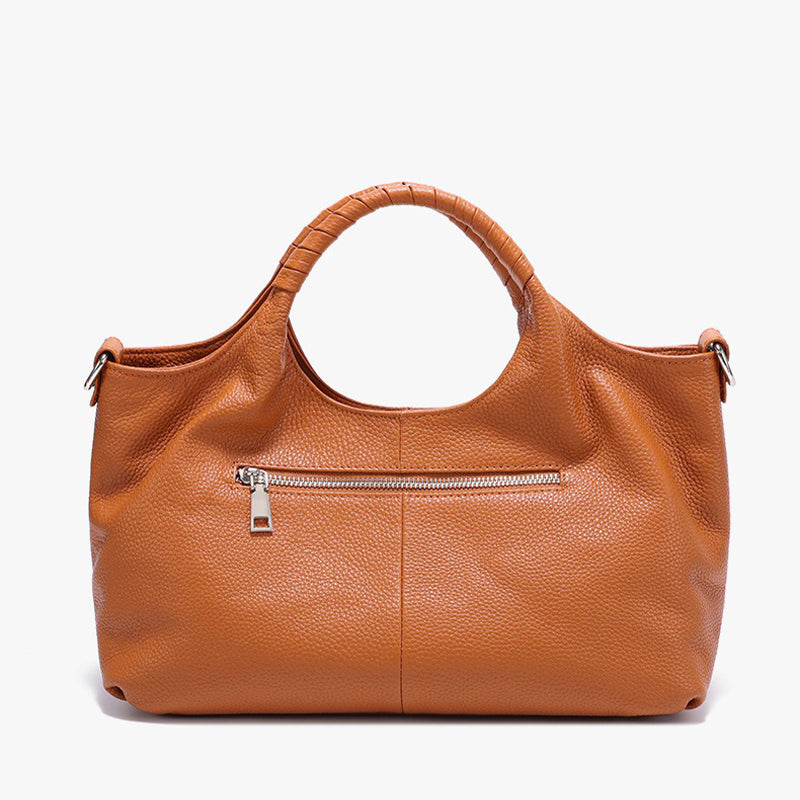 caramel leather handbag back view with a visible zipper 
