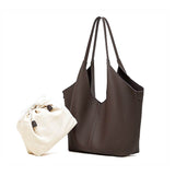 coffee leather tote bag and white drawstring pouch 