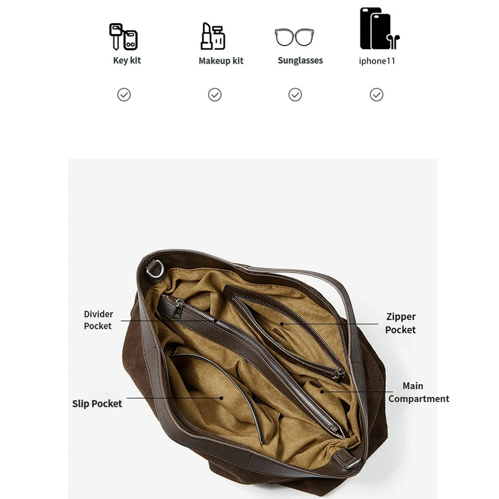 Coffee Brown leather bag with labeled compartments