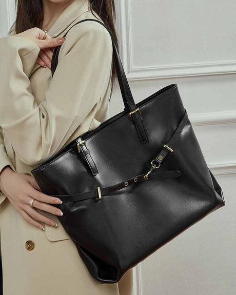 Women's black Vegetable-Tanned Leather Large Tote Bag