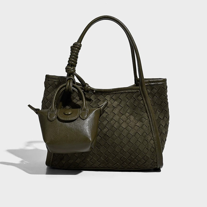 Green woven handbag with a smaller matching pouch 