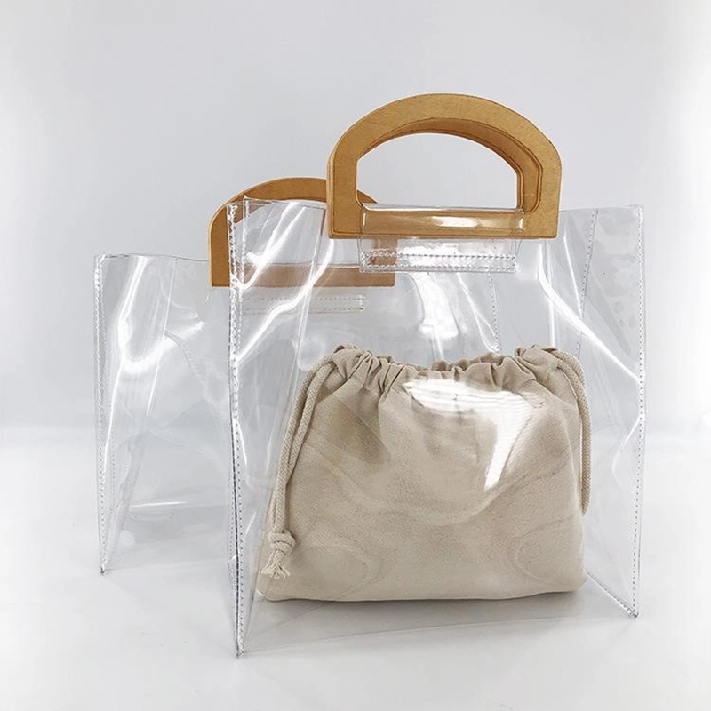 Wood Handle Horizontal Clear Handbags Tote with Inner Pouch | PRUSES-1