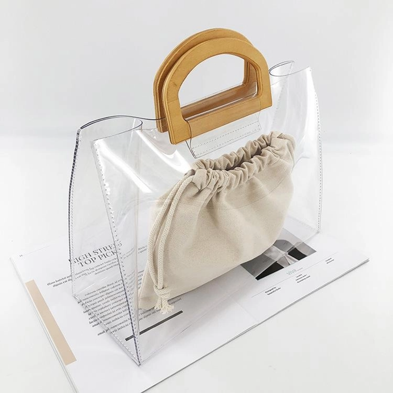 Wood Handle Horizontal Clear Handbags Tote with Inner Pouch | PRUSES-2