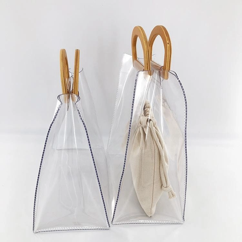 Wood Handle Horizontal Clear Handbags Tote with Inner Pouch | PRUSES-3