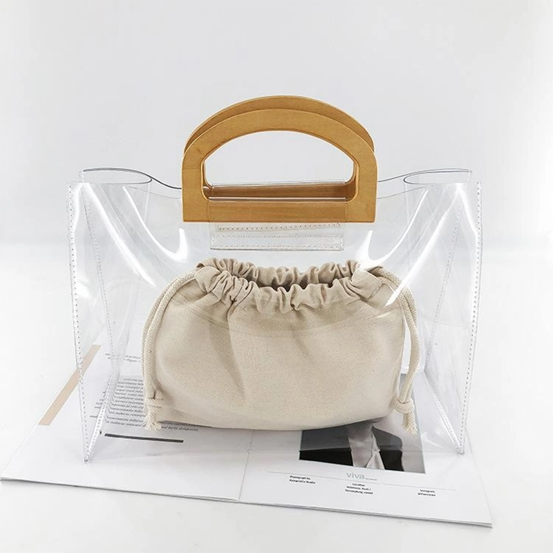 Wood Handle Horizontal Clear Handbags Tote with Inner Pouch | PRUSES