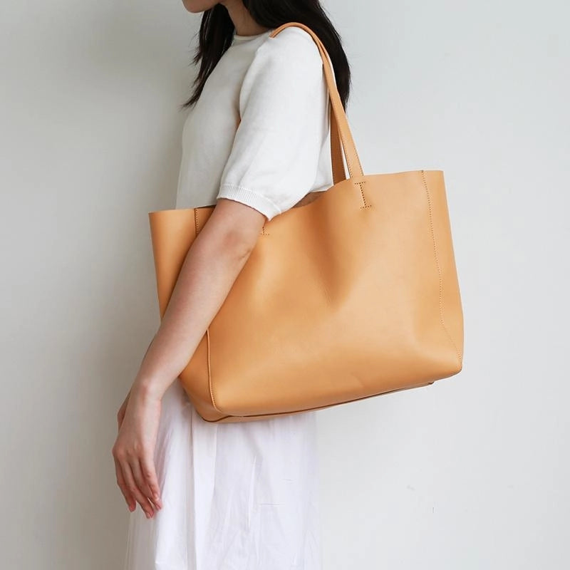 Yellow Horizontal Soft Leather Tote Bag for Women | PRUSES-4