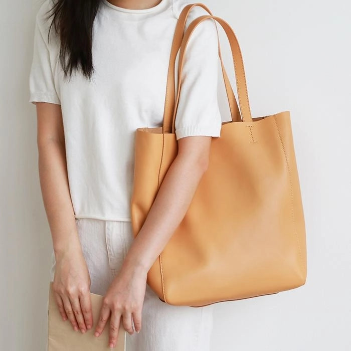 Yellow Horizontal Soft Leather Tote Bag for Women | PRUSES-6