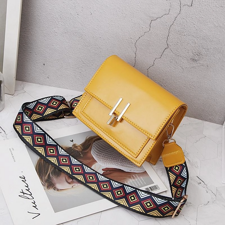 Yellow Vegan Leather Flap Crossbody Purse with Embroidery Strap | PRUSES-1