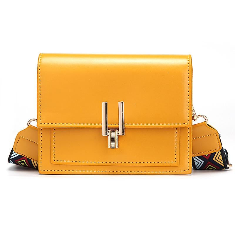 Yellow Vegan Leather Flap Crossbody Purse with Embroidery Strap | PRUSES-3