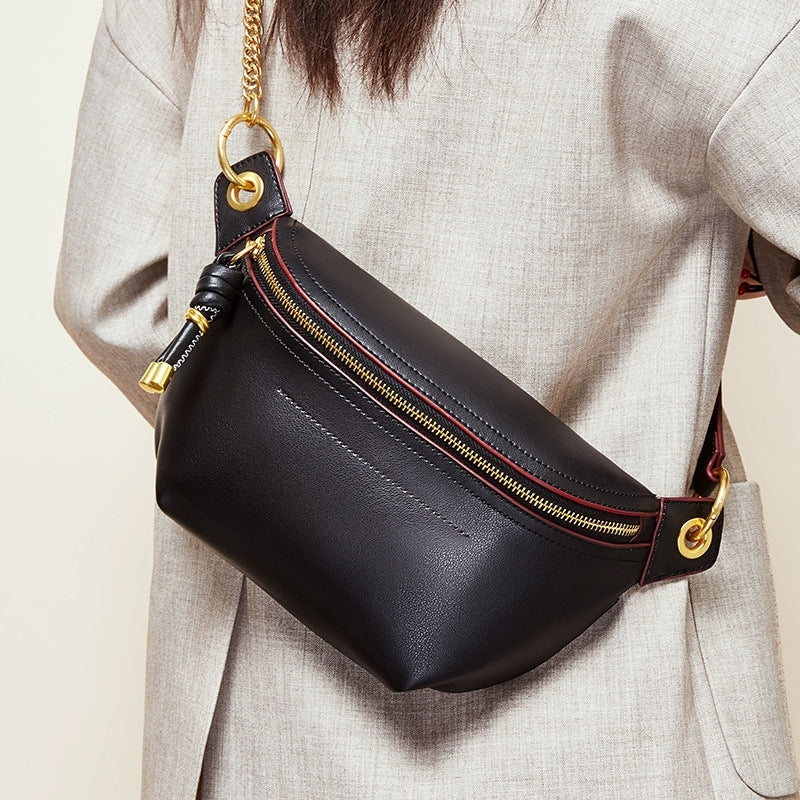 black_genuine_leather_zipper_fanny_pack_chain_strap_belt_bags_1
