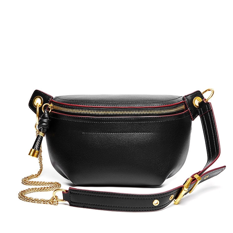 black_genuine_leather_zipper_fanny_pack_chain_strap_belt_bags_2