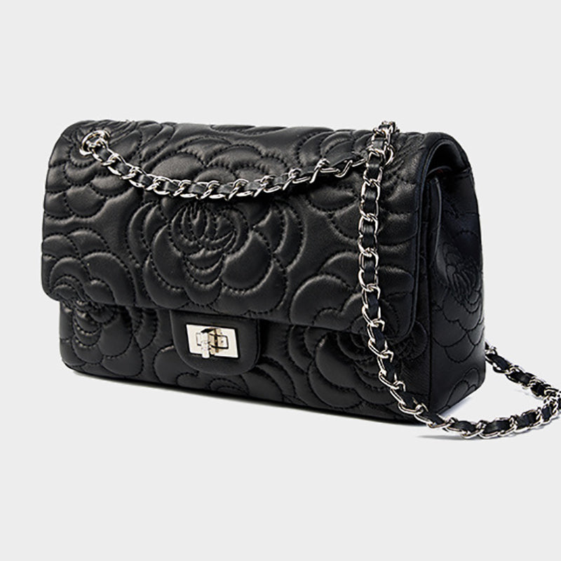 black_leather_flower_embossed_chain_bag_quilted_shoulder_bags