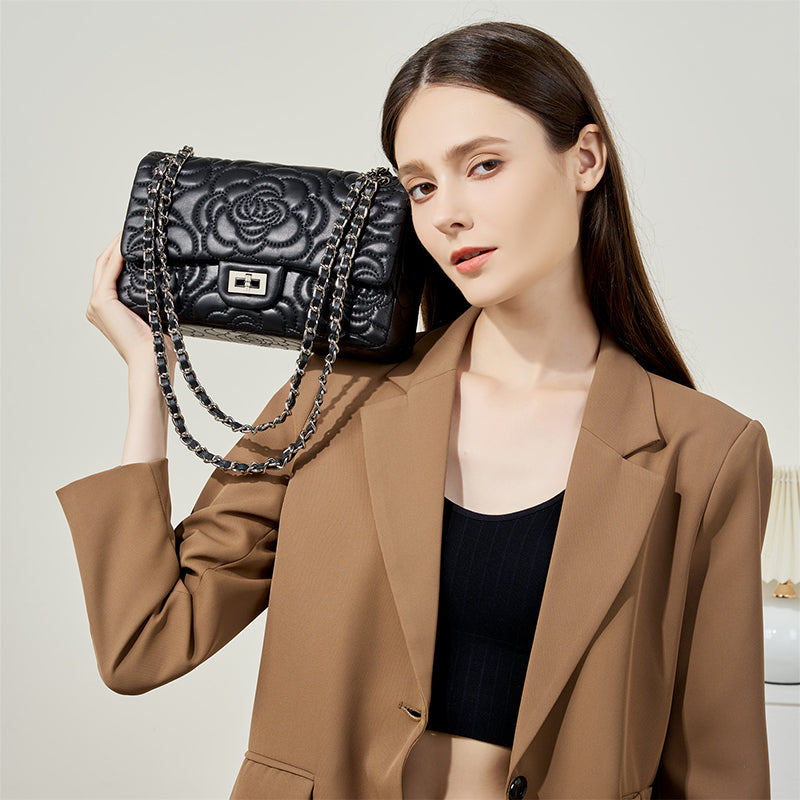 black_leather_flower_embossed_chain_bag_quilted_shoulder_bags_1