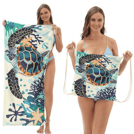 Coral Turtle Drawstring beach towel | PRUSES - PRUSES
