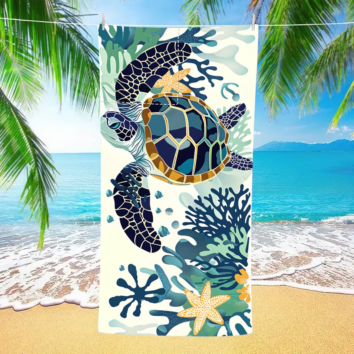 Coral Turtle Drawstring beach towel | PRUSES - PRUSES