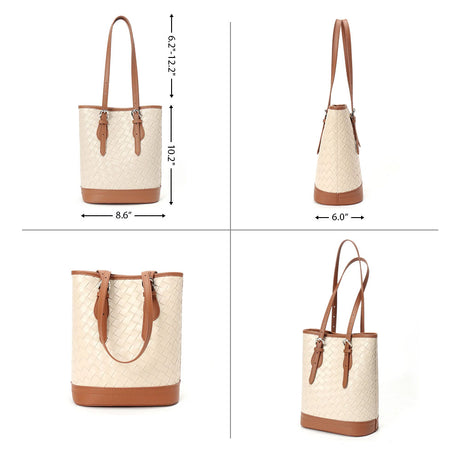 Women's Khaki Leather Woven Shoulder Tote Bags | PRUSES