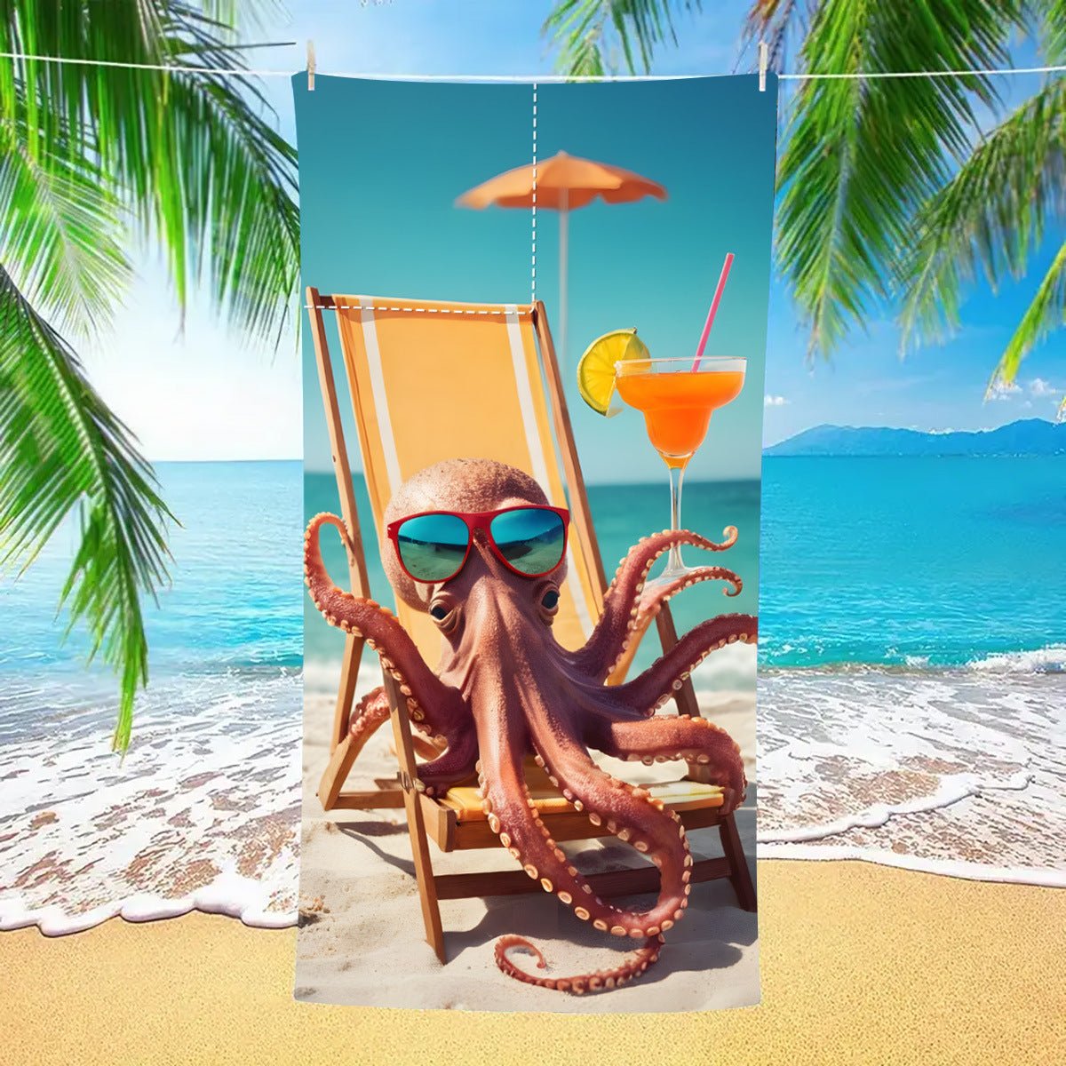 Octopus with sunglasses Drawstring Beach Towel | PRUSES - PRUSES
