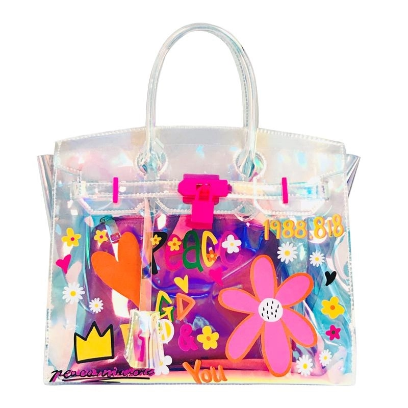 pink_floral_holographic_satchel_handbags_shoulder_clear_purse