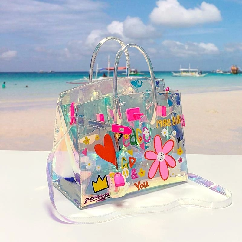 pink_floral_holographic_satchel_handbags_shoulder_clear_purse_3