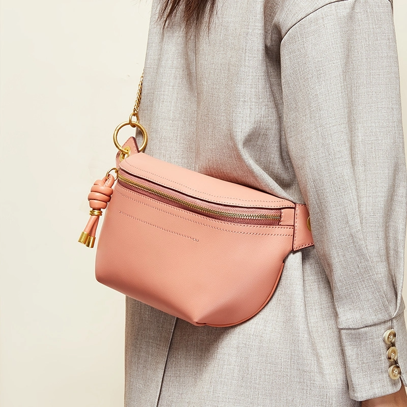 pink_genuine_leather_zipper_fanny_pack_chain_strap_belt_bags_1