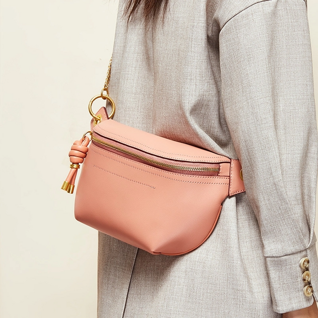 pink_genuine_leather_zipper_fanny_pack_chain_strap_belt_bags_1