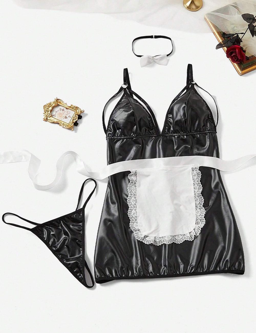 Plus Size Faux Leather Black Cutout Maid Costume Set