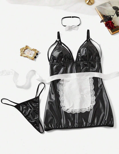 Plus Size Faux Leather Black Cutout Maid Costume Set