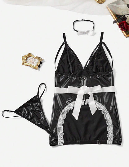 Plus Size Black Faux Leather Cutout Maid Costume Set