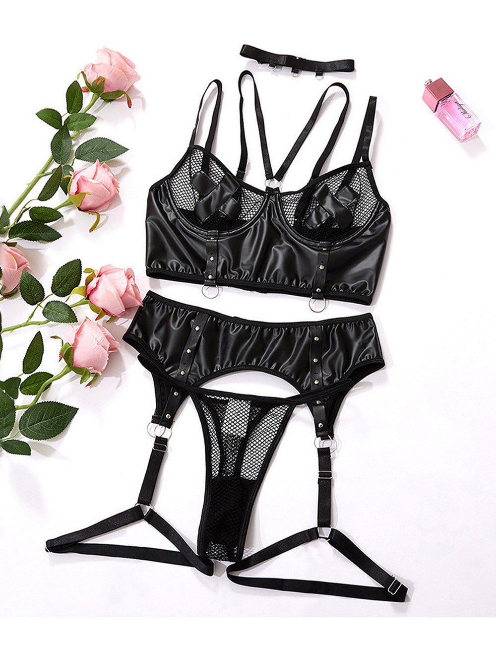 Plus Size Black Faux Leather Fishnet Garter Lingerie Set 4 piece