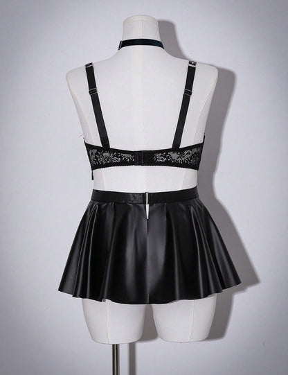 Plus Size Black Faux Leather Lace Trim Bra Set
