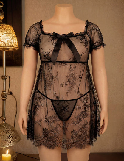 Plus Size Black Sheer Lace Off-Shoulder Babydoll