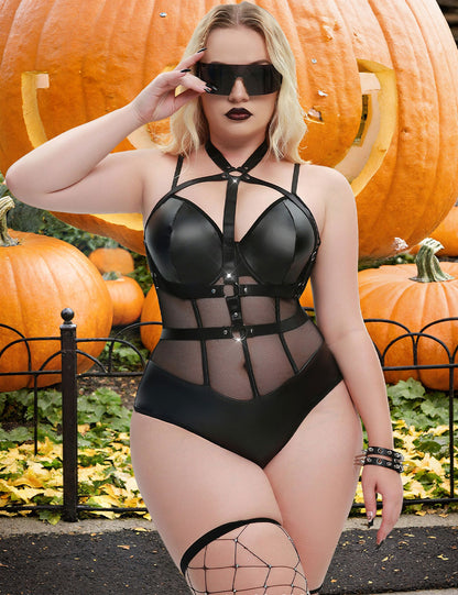 Plus Size Black Faux Leather Mesh Underwire Bustier Bodysuit