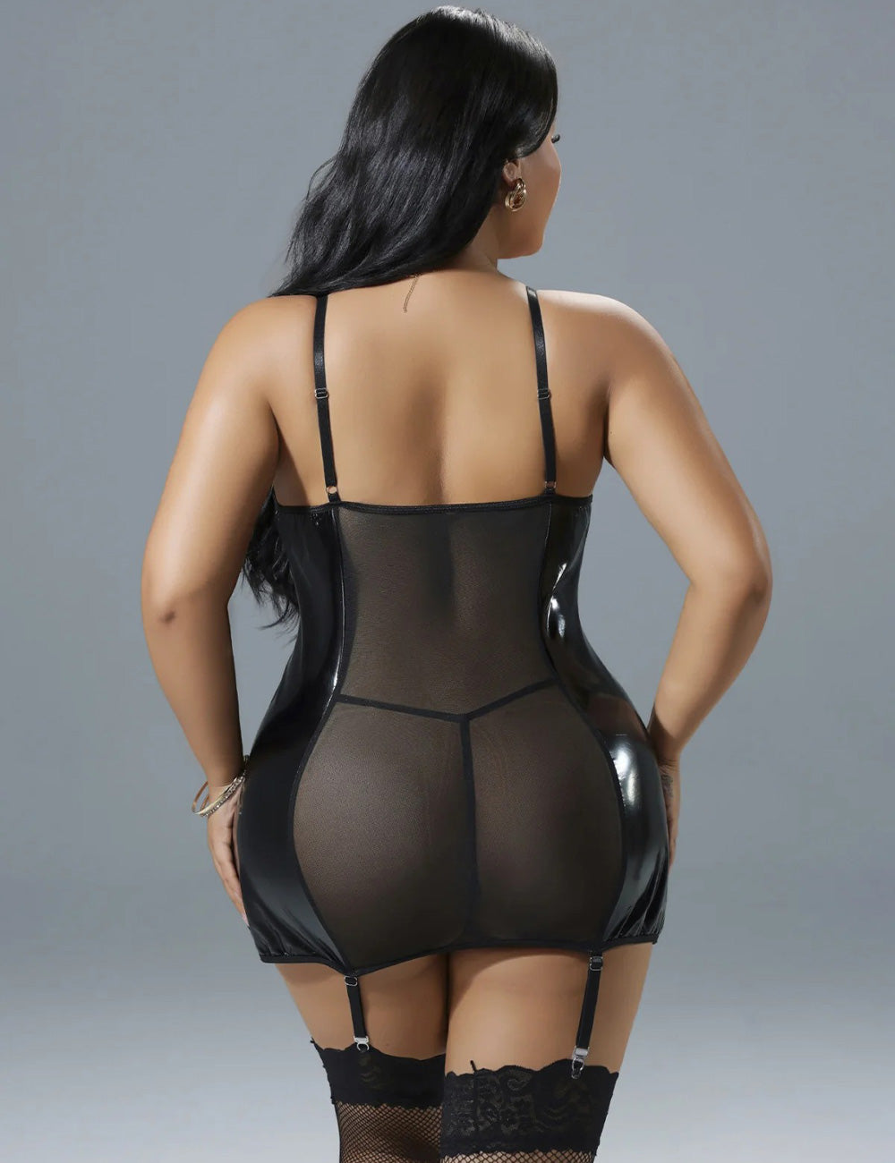 Plus Size Black Patent Leather Lace-Up Lingerie