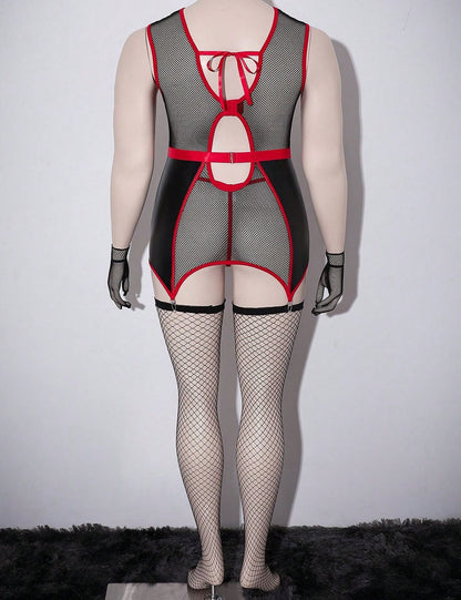 Black Red Plus Size Mesh Cutout Bustier Lingerie Set 4 Piece
