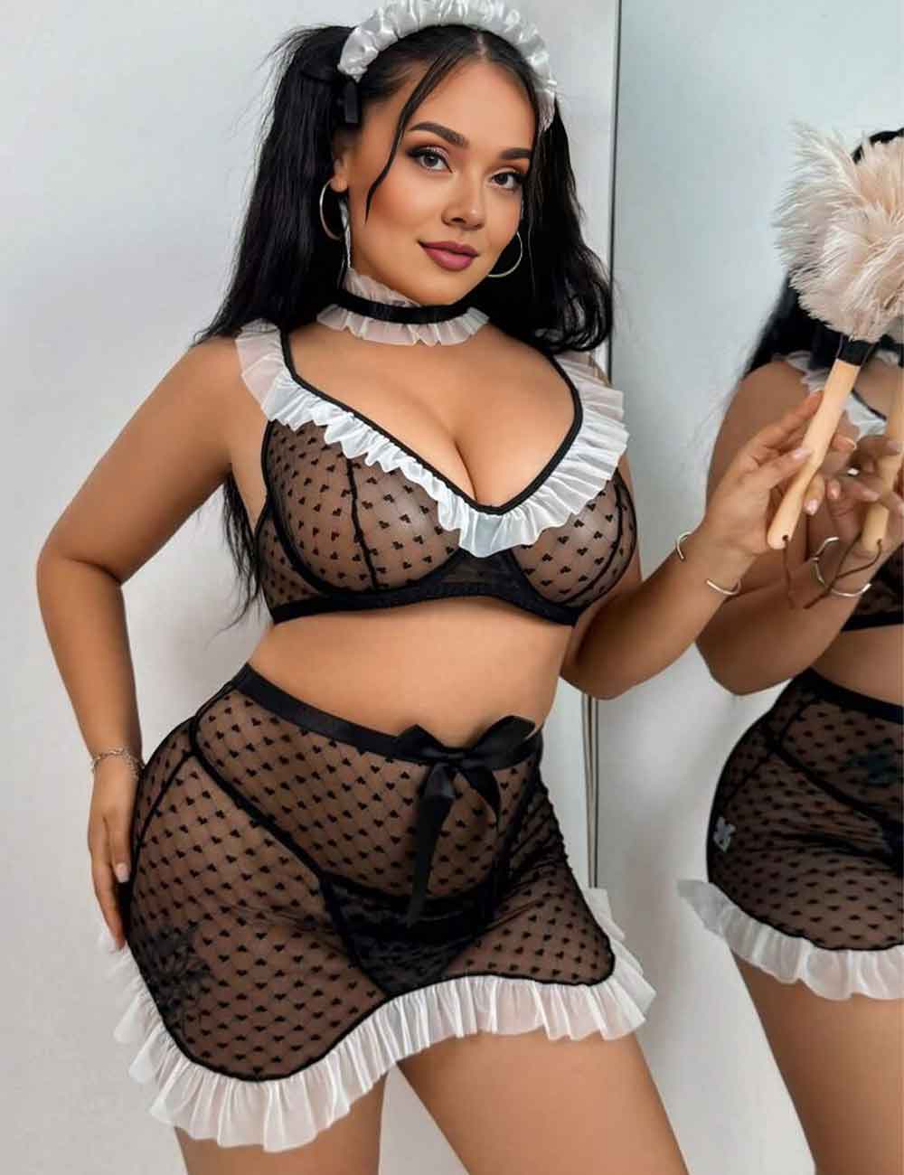 Plus Size Black Sheer Mesh Maid Costume Set