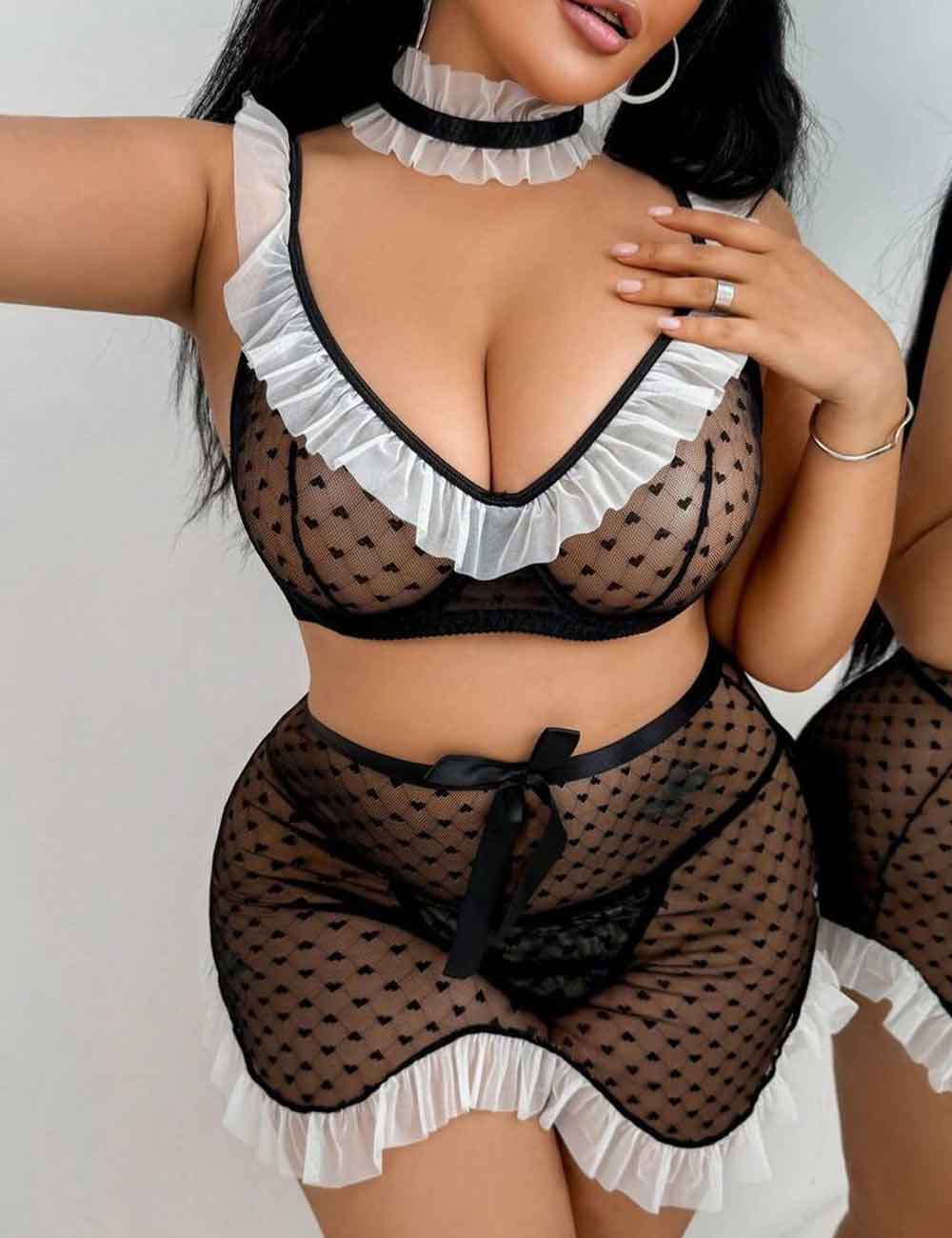Black Sheer Mesh Maid Costume Set Plus Size