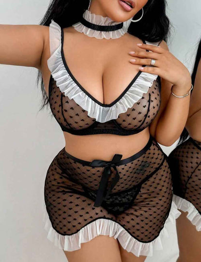 Black Sheer Mesh Maid Costume Set Plus Size