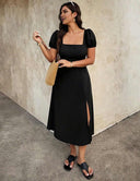 Plus Size Black Square Neck Puff Sleeve Dress