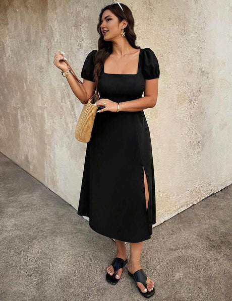 Plus Size Black Square Neck Puff Sleeve Dress