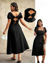 Plus Size Black Square Neck Puff Sleeve Back Bow Cutout Dress