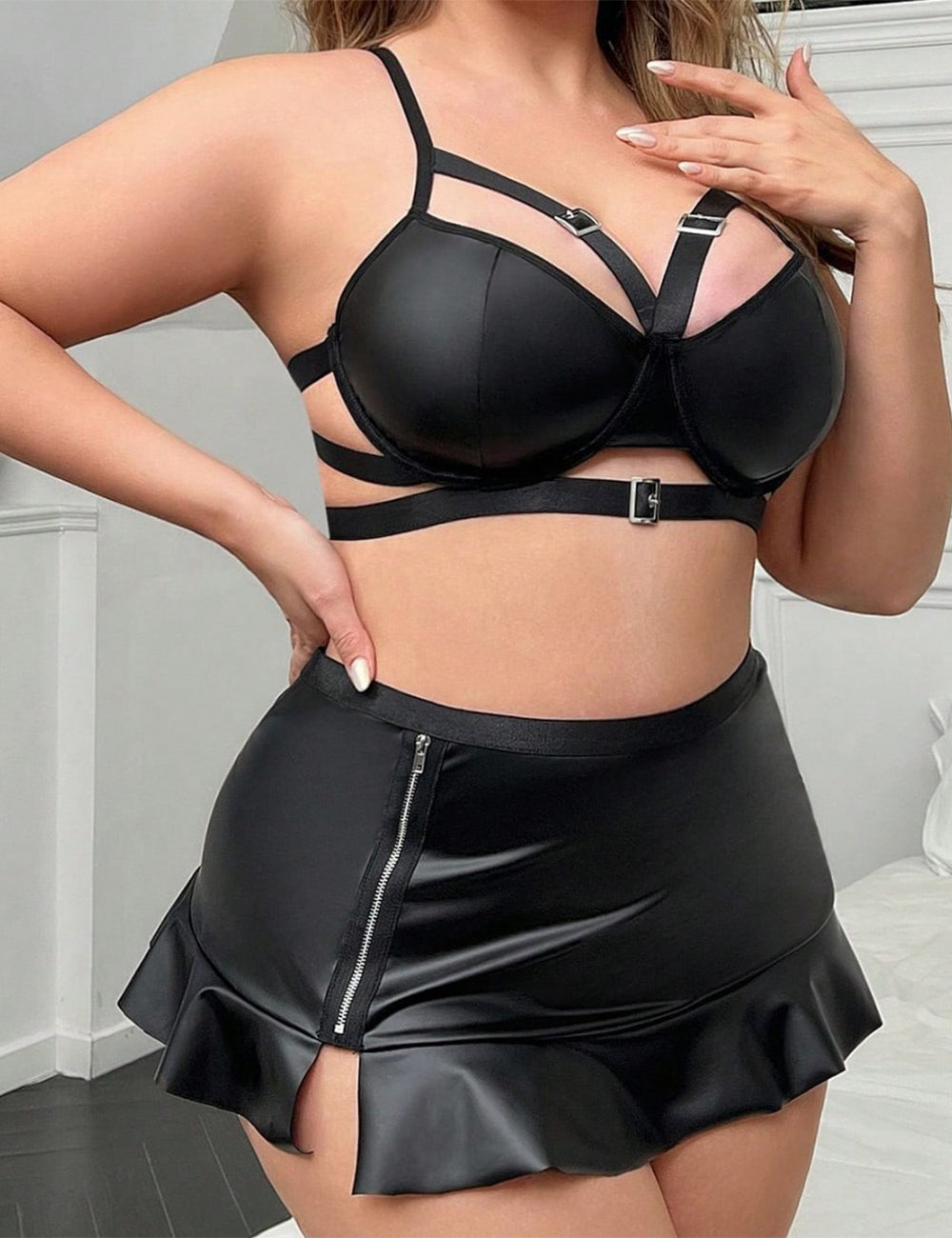 Plus Size Black Faux Leather Cage Lingerie Set