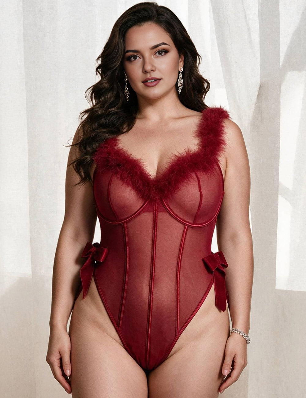 Plus Size Burgundy Feather Trim Bodysuit