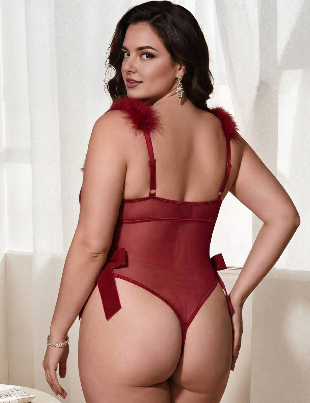Burgundy Plus Size Feather Trim Bodysuit