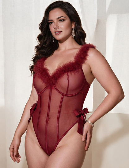 Plus Size Burgundy Feather Trim Teddy Lingerie