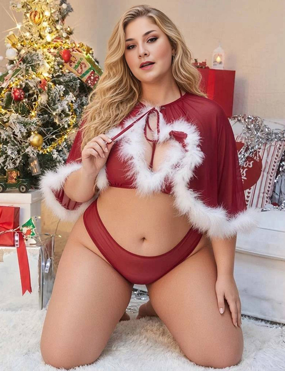 Plus Size Burgundy Christmas Cape Lingerie Set