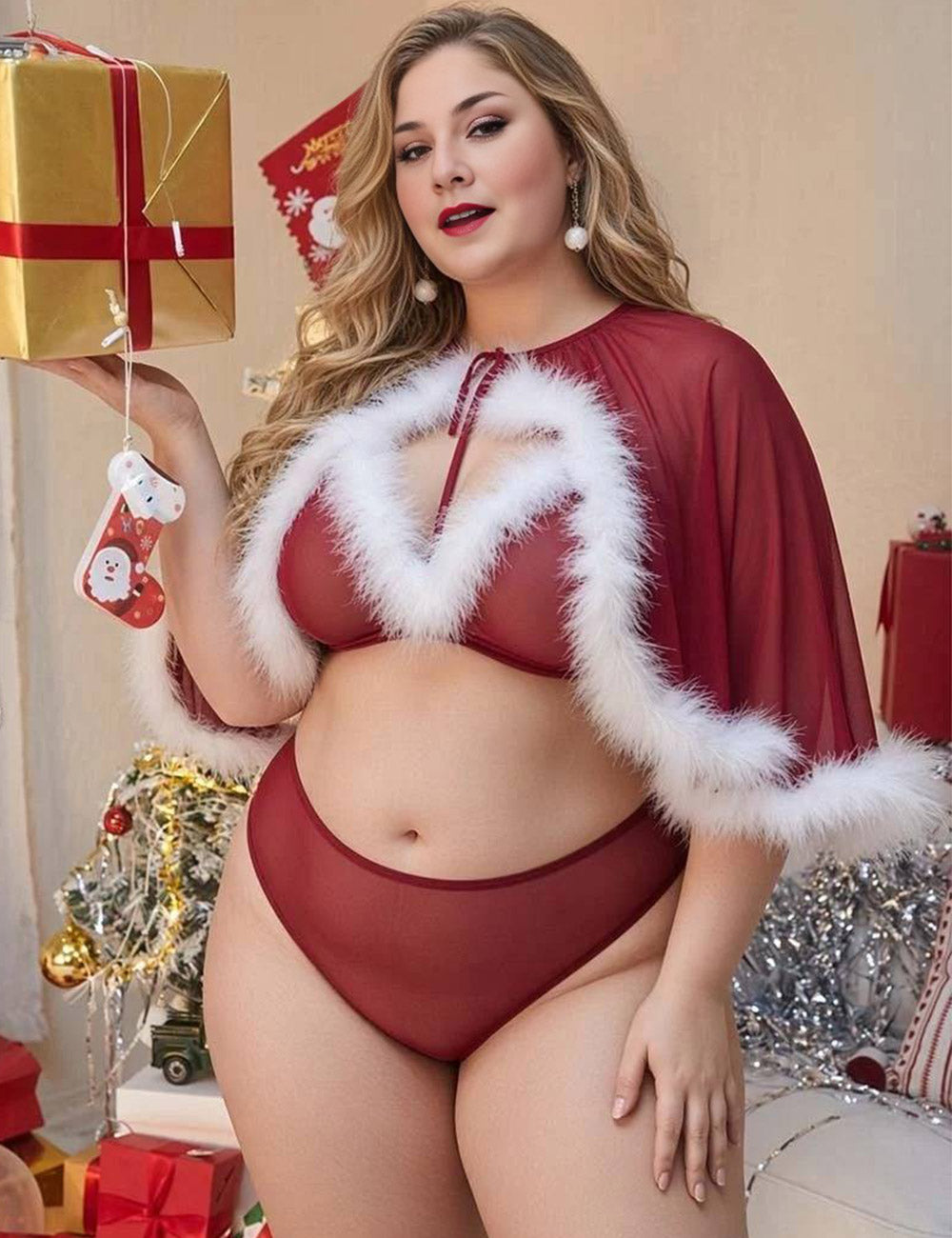 Plus Size Burgundy Mesh Christmas Cape Lingerie Set