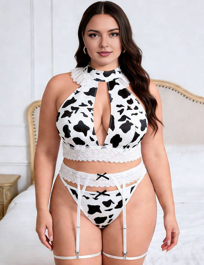 Plus Size Cow Print Halter Lace Lingerie Set